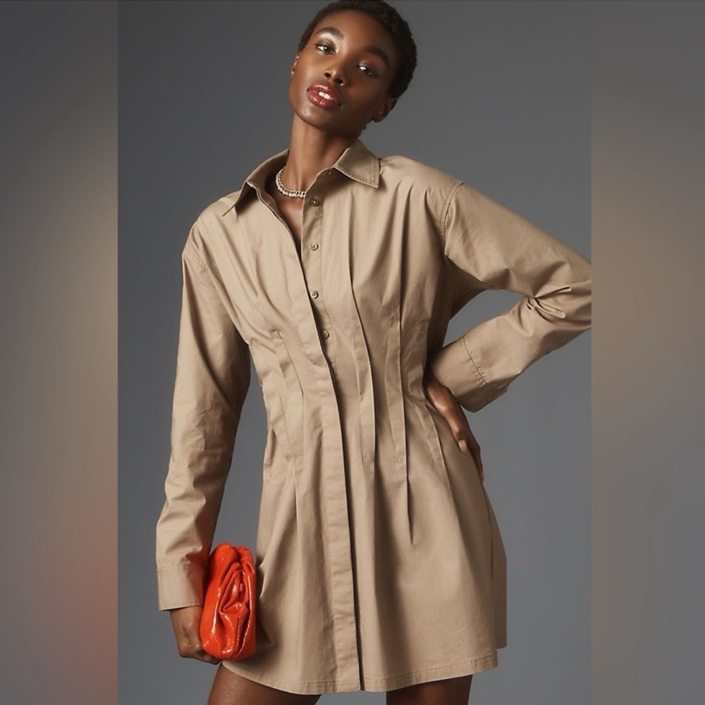 NEW Anthropologie Pilcro Pintuck Mini Shirt Dress Khaki Beige Small Button Front - Picture 3 of 15